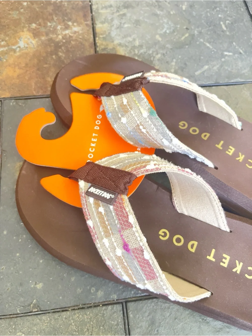 Rocket Dog Brown Flip Flops with Multicolor Canvas Straps